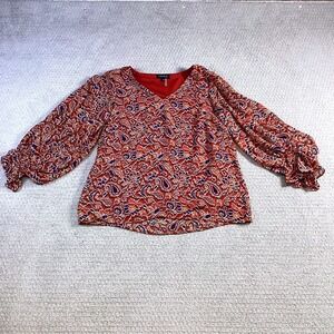 1.STATE Women's‎ Medium Paisley V Neck Blouse Long Sleeve Red Orange Purple